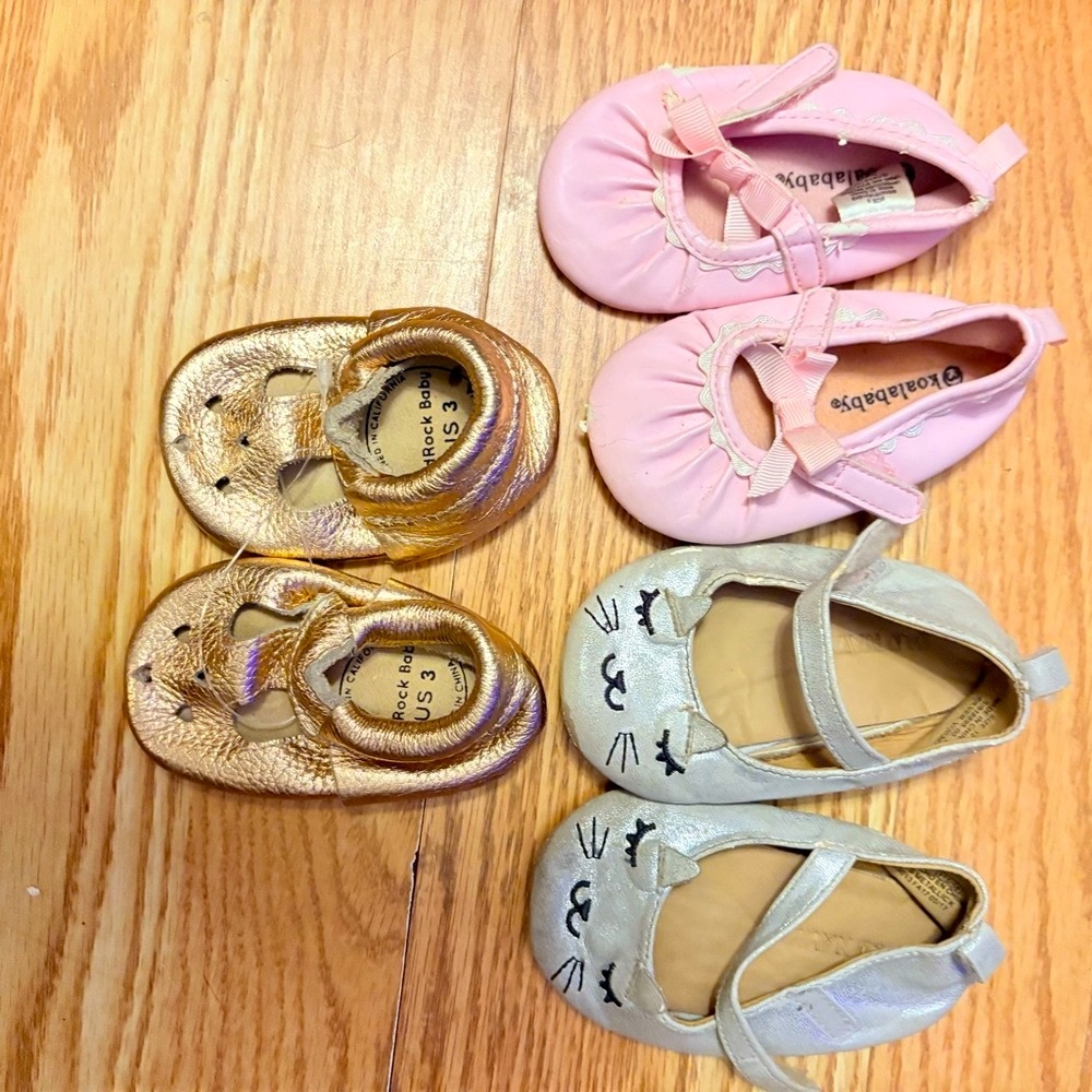Adorable Baby Shoe Trio in Pink, Gold, and Silver
